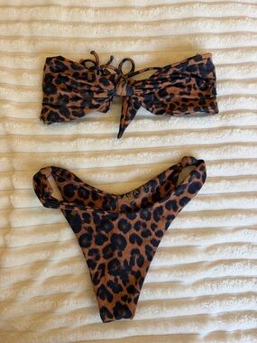 Skatie Swim Leopard Print Bandeau Bikini Set - Brown & Black